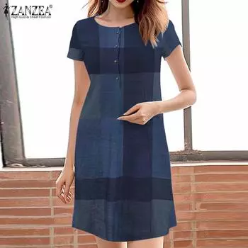 ZANZEA Женское повседневное платье с коротким рукавом и круглым вырезом, свободное, с клетчатым принтом S коричневый