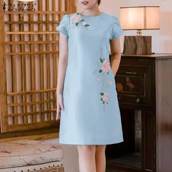 ZANZEA Женское повседневное платье с коротким рукавом и круглым вырезом с цветочным принтом M светло-синий