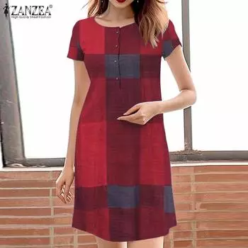 ZANZEA Женское повседневное платье с коротким рукавом и круглым вырезом, свободное, с принтом в клетку 4XL коричневый