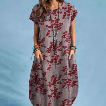ZANZEA Женское повседневное платье с короткими рукавами и круглым вырезом с цветочным принтом 2XL серый