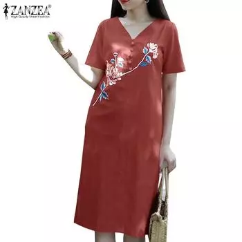 ZANZEA Женское повседневное платье с короткими рукавами и v-образным вырезом с цветочной вышивкой