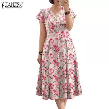 ZANZEA Женское повседневное платье с короткими рукавами и v-образным вырезом с цветочным принтом S жёлтый