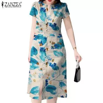 ZANZEA Женское повседневное платье с короткими рукавами и круглым вырезом с цветочным принтом S розовый