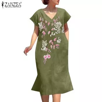 ZANZEA Женское повседневное платье с короткими рукавами и v-образным вырезом с цветочной вышивкой 4XL темно-зеленого