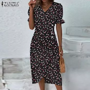 ZANZEA Женское повседневное платье с короткими рукавами и v-образным вырезом с цветочным принтом 4XL чёрный