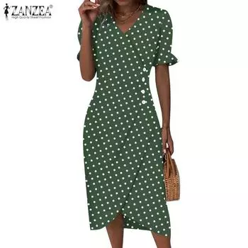 ZANZEA Женское повседневное платье с короткими рукавами и v-образным вырезом в горошек M зелёный