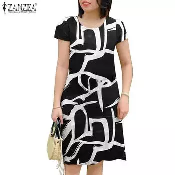 ZANZEA Женское повседневное платье с короткими рукавами и круглым вырезом с принтом S чёрный