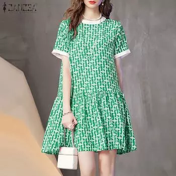 ZANZEA Женское повседневное платье с короткими рукавами и круглым вырезом с принтом 2XL ярко-розовый