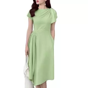 ZANZEA Женское повседневное платье с круглым вырезом, неровным подолом и короткими рукавами S зелёный