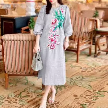 ZANZEA Женское повседневное платье с круглым вырезом и рукавом 3/4, свободного кроя, с принтом серый