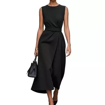 ZANZEA Женское повседневное платье с круглым вырезом, однотонное, свободное, летнее, без рукавов M чёрный