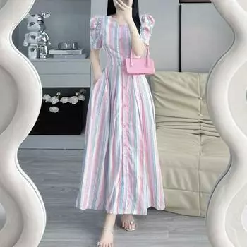 ZANZEA Женское повседневное платье с круглым вырезом, коротким рукавом и полосатым принтом 4XL