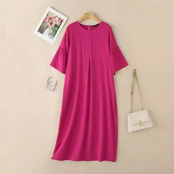ZANZEA Женское повседневное платье с круглым вырезом, однотонное, свободного кроя, с рукавом до локтя S темно-розовый