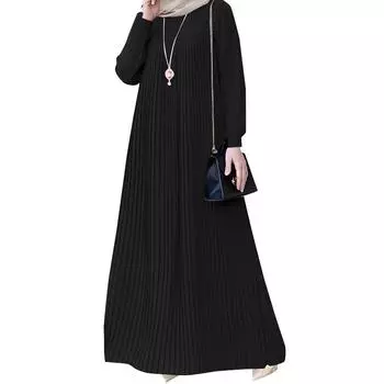 ZANZEA Женское повседневное платье с круглым вырезом, свободного кроя, с длинным рукавом, плиссированное, длинное S чёрный