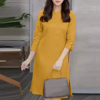 ZANZEA Женское повседневное платье с круглым вырезом, однотонное, с рукавом 3/4, свободного прямого кроя