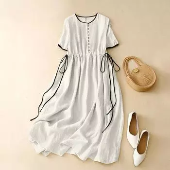 ZANZEA Женское повседневное платье с круглым вырезом, коротким рукавом, свободного кроя, на кулиске, длинное S абрикосовый