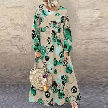 ZANZEA Женское повседневное платье с круглым вырезом, свободное, с длинным рукавом и принтом S зелёный