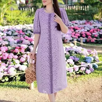 ZANZEA Женское повседневное платье с круглым вырезом, свободное, с кружевной вставкой, с рукавом до локтя S фиолетовый