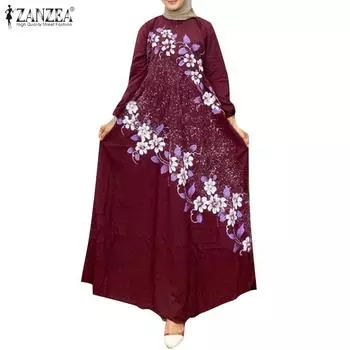 ZANZEA Женское повседневное платье с круглым вырезом и длинным рукавом в стиле ретро с принтом S вино красного