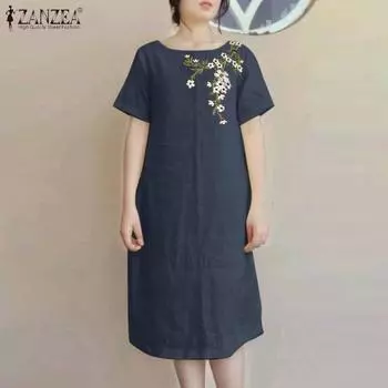 ZANZEA Женское повседневное платье с круглым вырезом и коротким рукавом с цветочной вышивкой