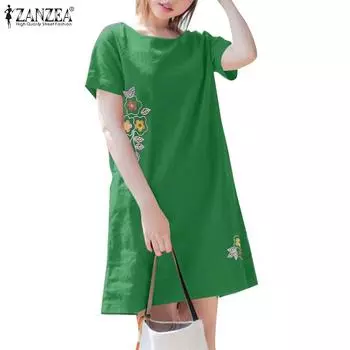 ZANZEA Женское повседневное платье с круглым вырезом и коротким рукавом с цветочной вышивкой 4XL жёлтый
