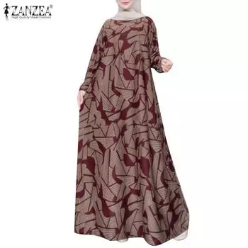 ZANZEA Женское повседневное платье с круглым вырезом и принтом, с длинными рукавами, свободное платье S красный