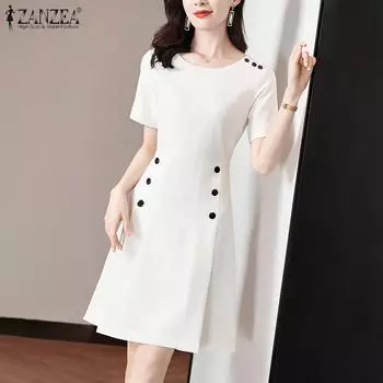 ZANZEA Женское повседневное платье с круглым вырезом и коротким рукавом 5XL белый