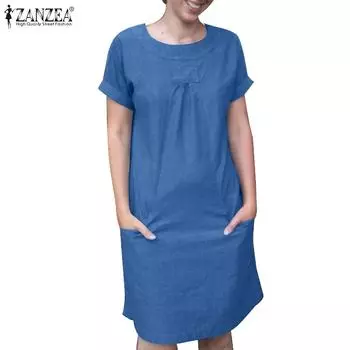 ZANZEA Женское повседневное платье с круглым вырезом и короткими рукавами и карманами