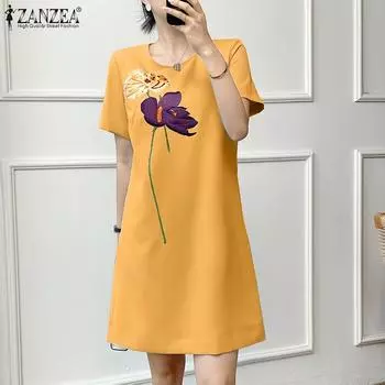 ZANZEA Женское повседневное платье с круглым вырезом и коротким рукавом с цветочным принтом