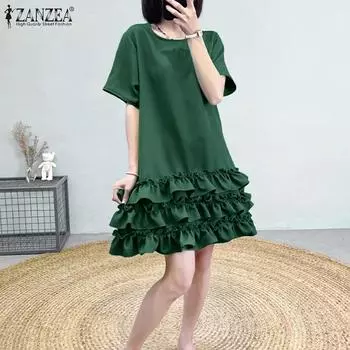 ZANZEA Женское повседневное платье с круглым вырезом и коротким рукавом, однотонное, свободное, с плиссированными слоями, с оборками S жёлтый