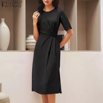 ZANZEA Женское повседневное платье с круглым вырезом и короткими рукавами, плиссированное платье с разрезом на талии S чёрный
