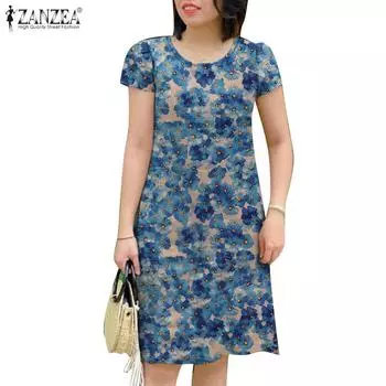 ZANZEA Женское повседневное платье с круглым вырезом и короткими рукавами с цветочным принтом S синий