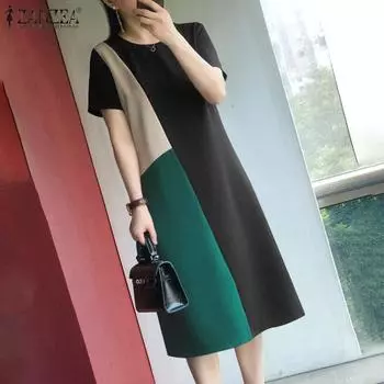 ZANZEA Женское повседневное платье с круглым вырезом и коротким рукавом, контрастного цвета, прямое, свободное S чёрный