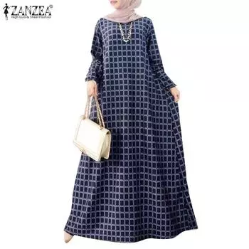 ZANZEA Женское повседневное платье с круглым вырезом и длинным рукавом, свободное, с принтом в сетку, длинное