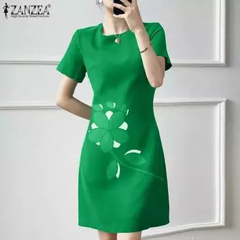 ZANZEA Женское повседневное платье с круглым вырезом и коротким рукавом с принтом на талии 5XL зелёный