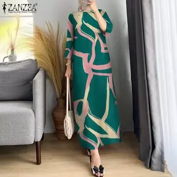 ZANZEA Женское повседневное платье с круглым вырезом и рукавами 3/4 в стиле ретро с принтом