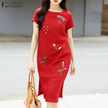 ZANZEA Женское повседневное платье с круглым вырезом и коротким рукавом с цветочной вышивкой 4XL чёрный