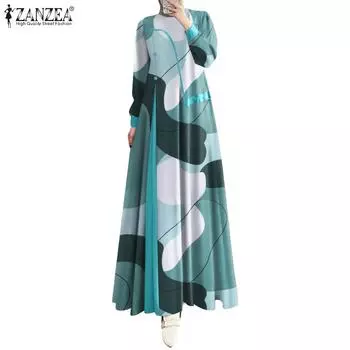 ZANZEA Женское повседневное платье с круглым вырезом и принтом, с длинными рукавами, свободное платье 4XL оранжевый