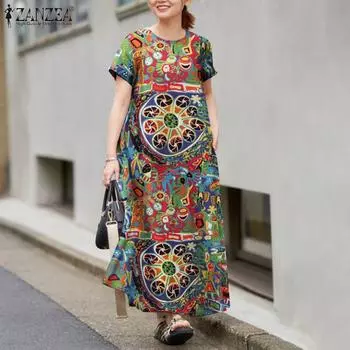 ZANZEA Женское повседневное платье с круглым вырезом и этническим принтом, с короткими рукавами и длинными рукавами S красный