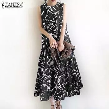 ZANZEA Женское повседневное платье с круглым вырезом и принтом, летнее, без рукавов, длинное 5XL зелёный