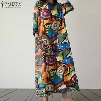 ZANZEA Женское повседневное платье с круглым вырезом и рукавом восемь четвертей, свободное, с этническим принтом, длинное платье S жёлтый