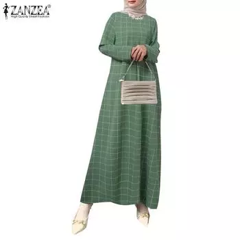 ZANZEA Женское повседневное платье с круглым вырезом и клетчатым принтом, длинное платье с длинными рукавами 3XL чёрный