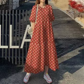 ZANZEA Женское повседневное платье с круглым вырезом и короткими рукавами, свободное, с принтом в горошек M зелёный