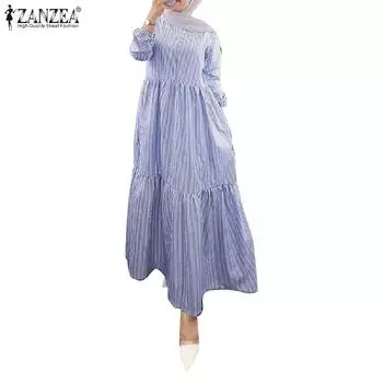 ZANZEA Женское повседневное платье с круглым вырезом и длинными рукавами в полоску M чёрный