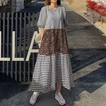 ZANZEA Женское повседневное платье с круглым вырезом и короткими рукавами в стиле пэчворк в клетку, длинное 4XL чёрный