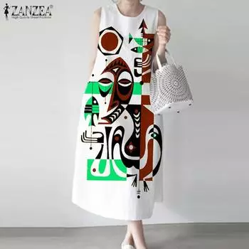 ZANZEA Женское повседневное платье с круглым вырезом без рукавов с принтом на лето S белый