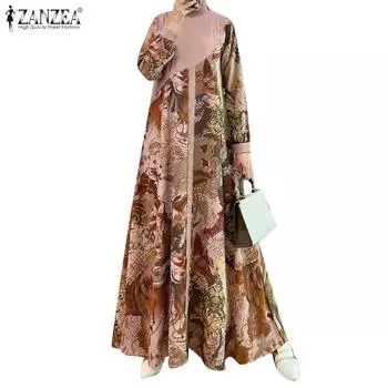 ZANZEA Женское повседневное платье с круглым вырезом и длинным рукавом в стиле ретро с принтом S зелёный