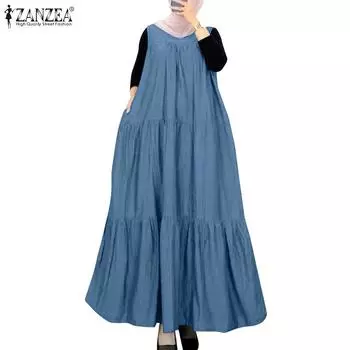 ZANZEA Женское повседневное платье с круглым вырезом в стиле ретро без рукавов длинное S темно-синий