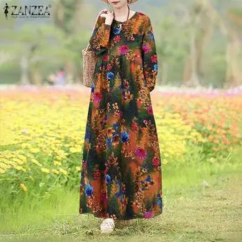 ZANZEA Женское повседневное платье с круглым вырезом и длинными рукавами с цветочным принтом из хлопка S красный