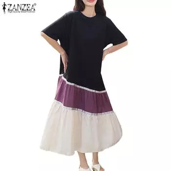 ZANZEA Женское повседневное платье с круглым вырезом и коротким рукавом в стиле пэчворк, длинное S фиолетовый